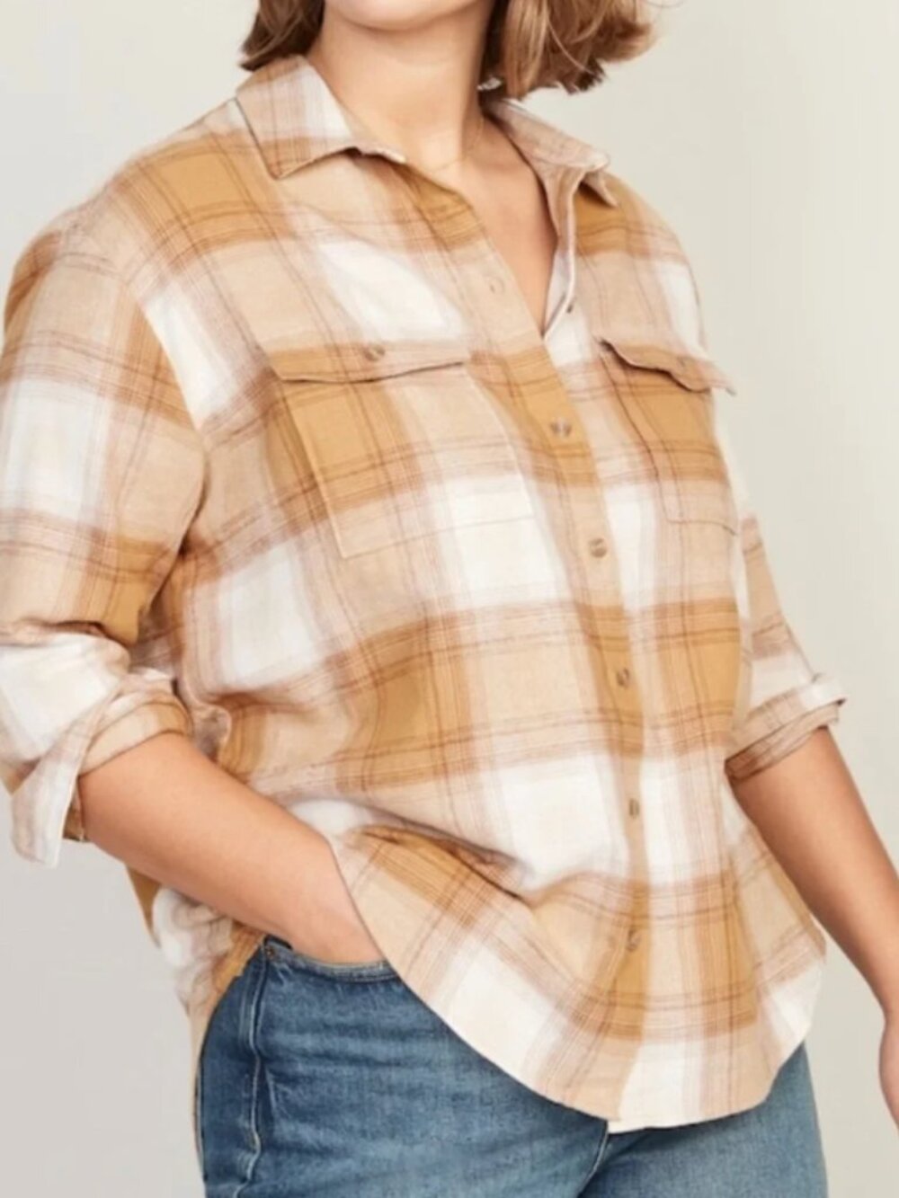 Old Navy Tan Plaid Boyfriend Shirt